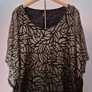 NWOT - Leebe Two-Tone Flowy Layered Leaf Print Top, 3X, Olive Green/Black